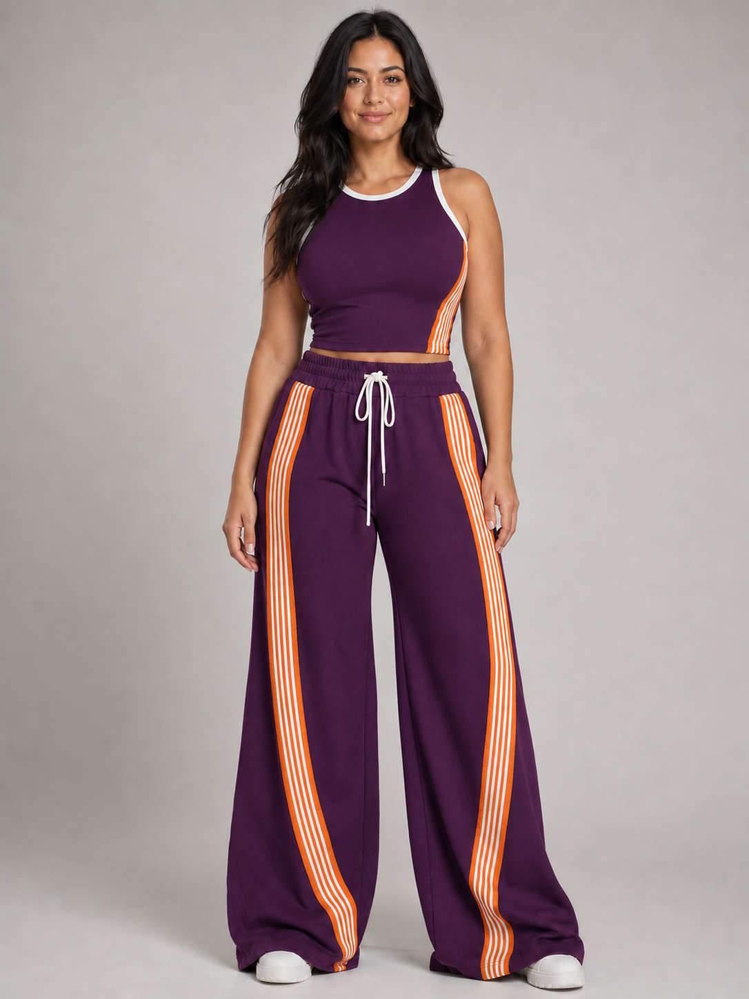 Women's purple contrast stripe wide-leg two-piece set