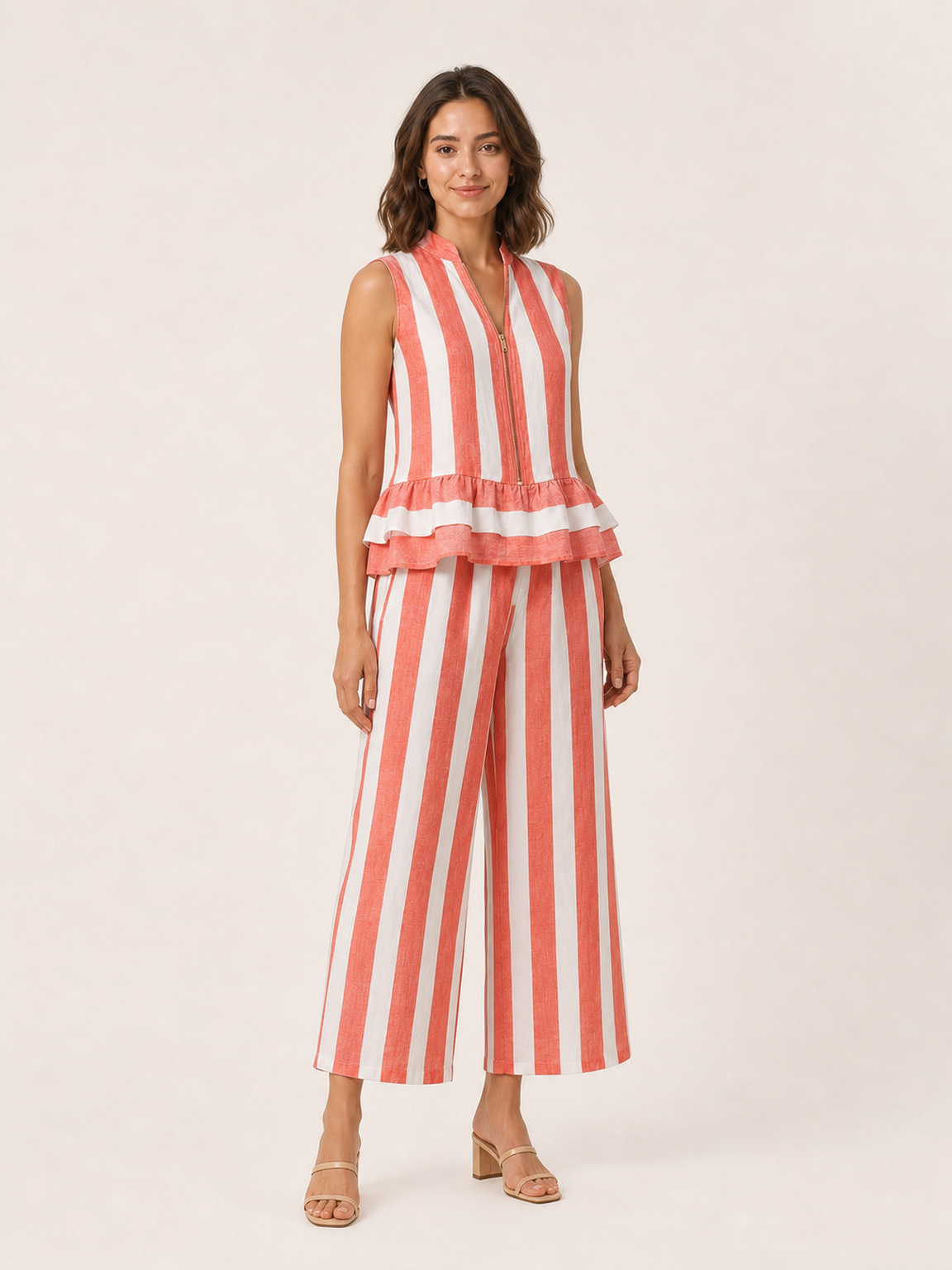 Women's coral red striped zip peplum wide-leg set