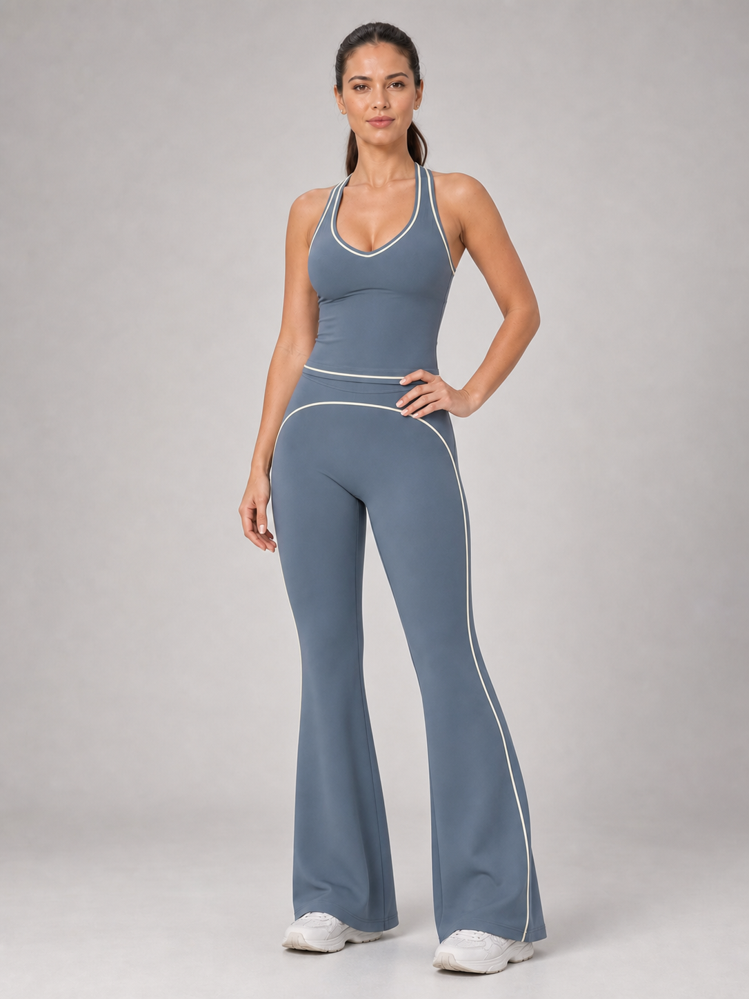 Women's slate blue contrast-trim flare active set