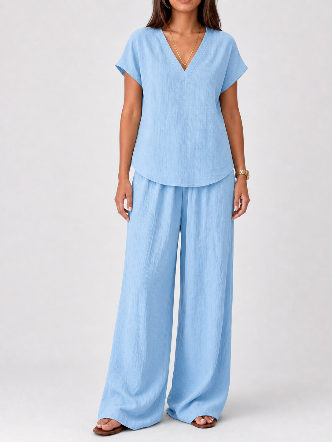 Women's sky blue crinkle tunic and wide-leg pants set