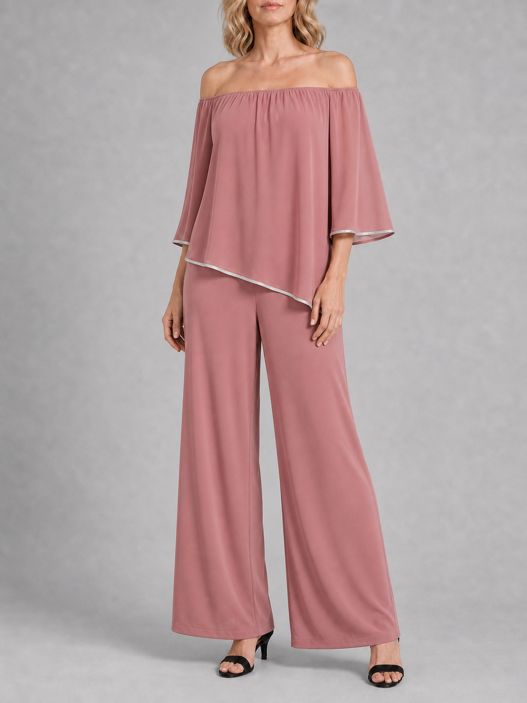 Women's dusty rose off-shoulder wide-leg two-piece set