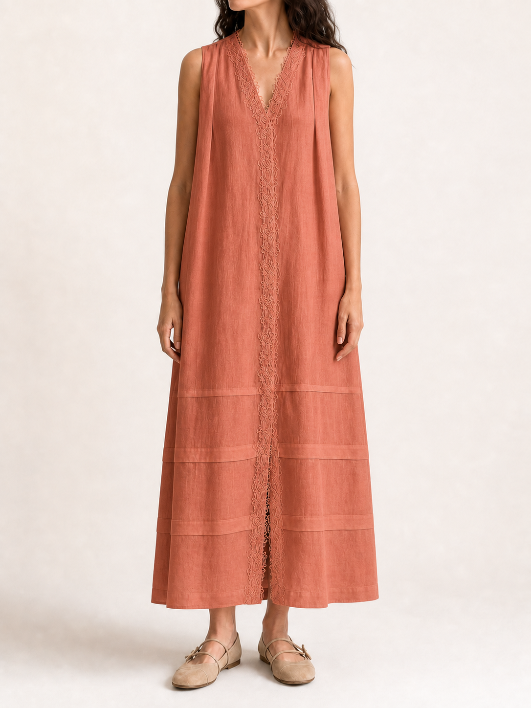 Women's lace-trim maxi dress in terracotta