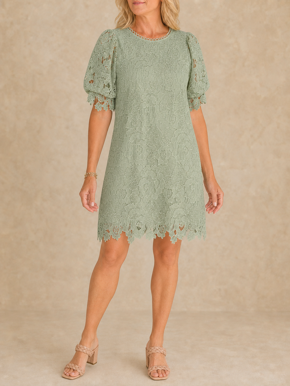 Women's sage green floral lace shift dress