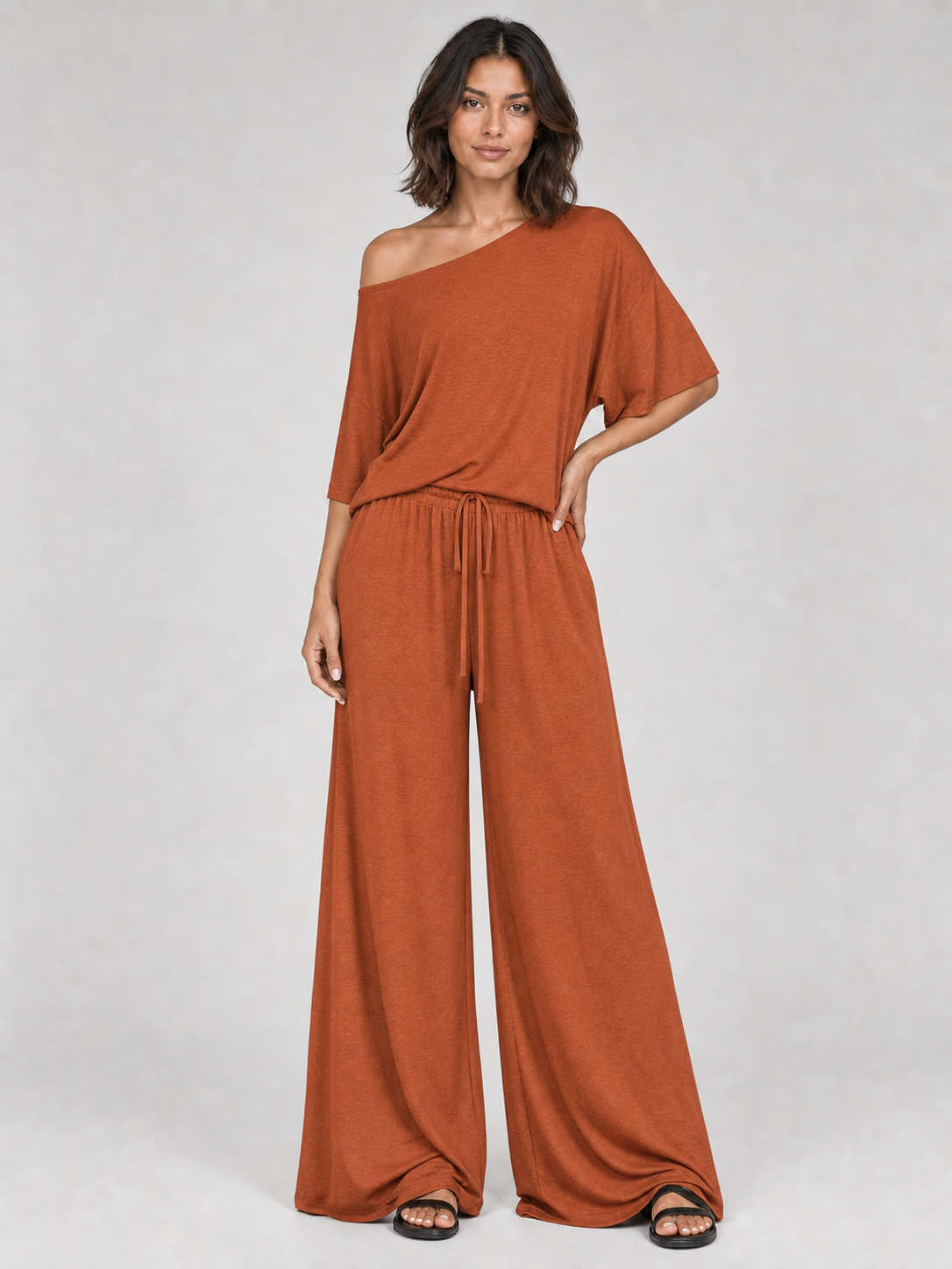 Women's rust orange one-shoulder wide-leg set