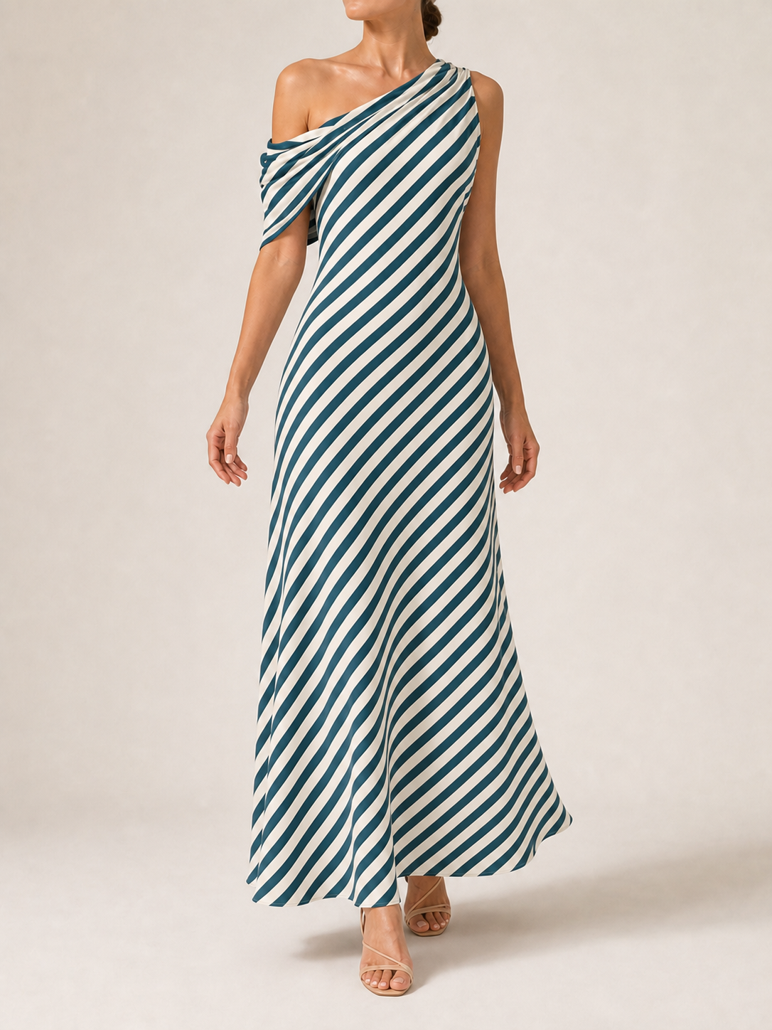 Women's deep teal and ivory stripe one-shoulder maxi dress
