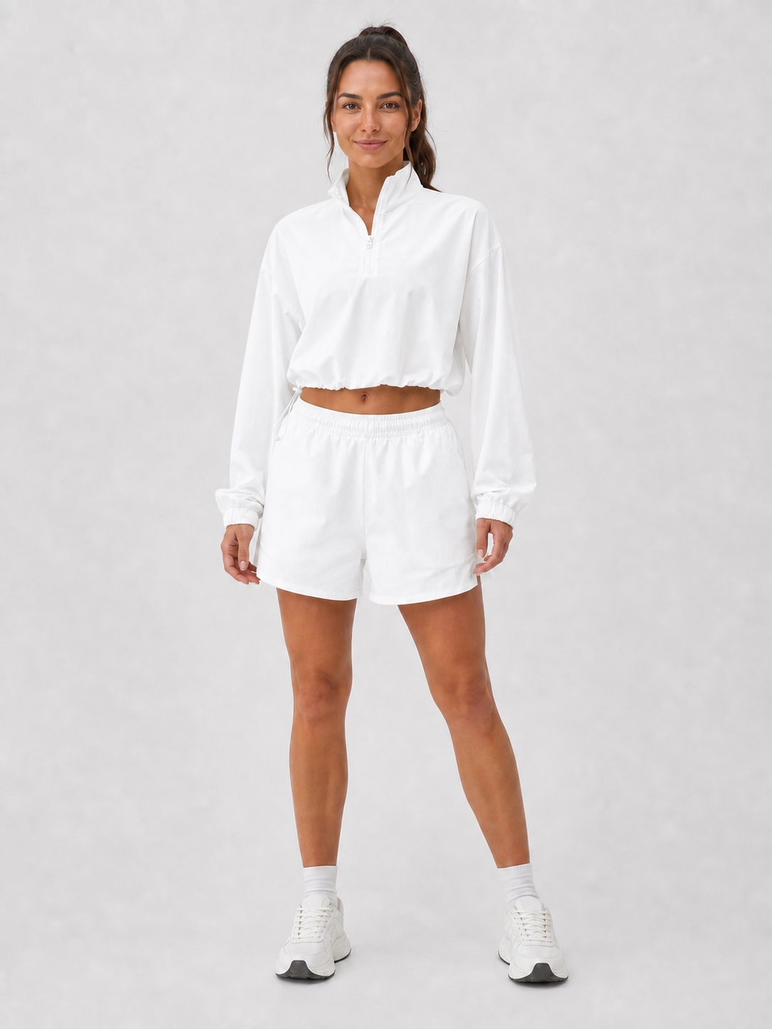 Women's white half-zip pullover and shorts set