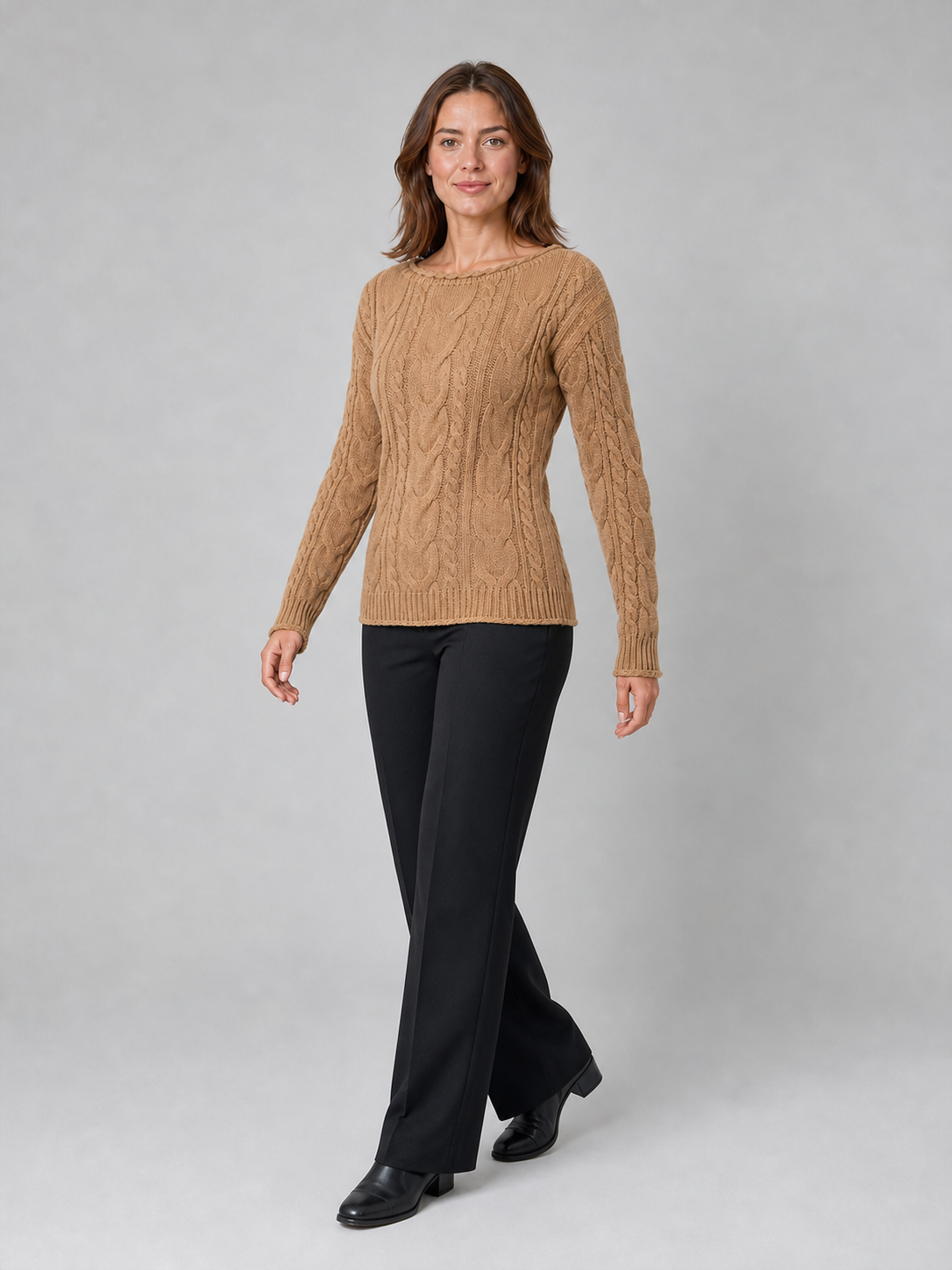 Women's cable knit sweater in camel