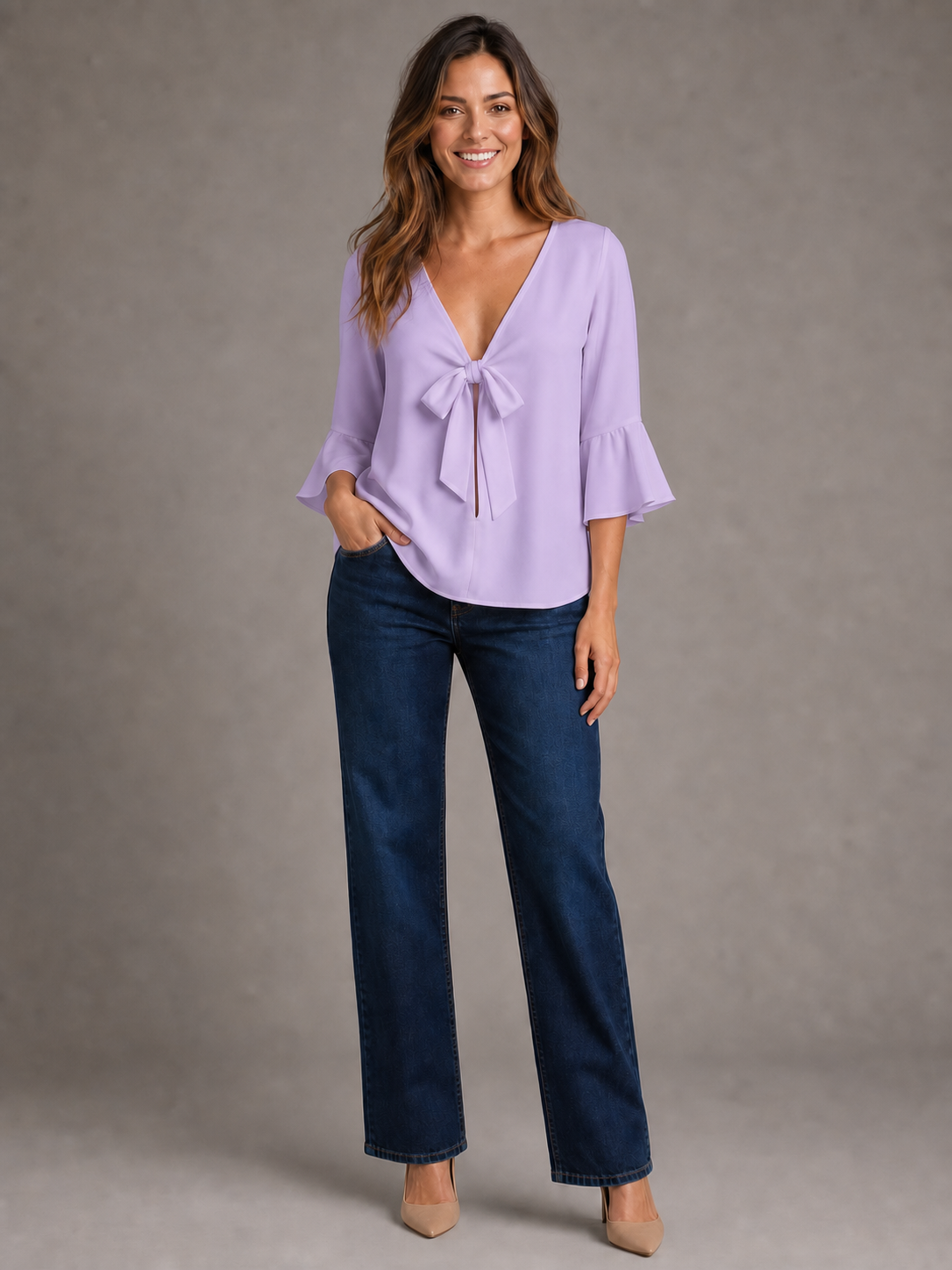 Women's soft lavender tie-front blouse