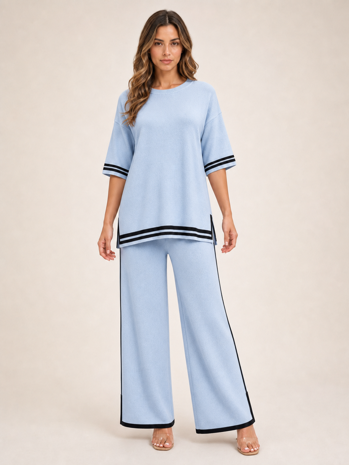 Women's powder blue contrast trim knit pants set