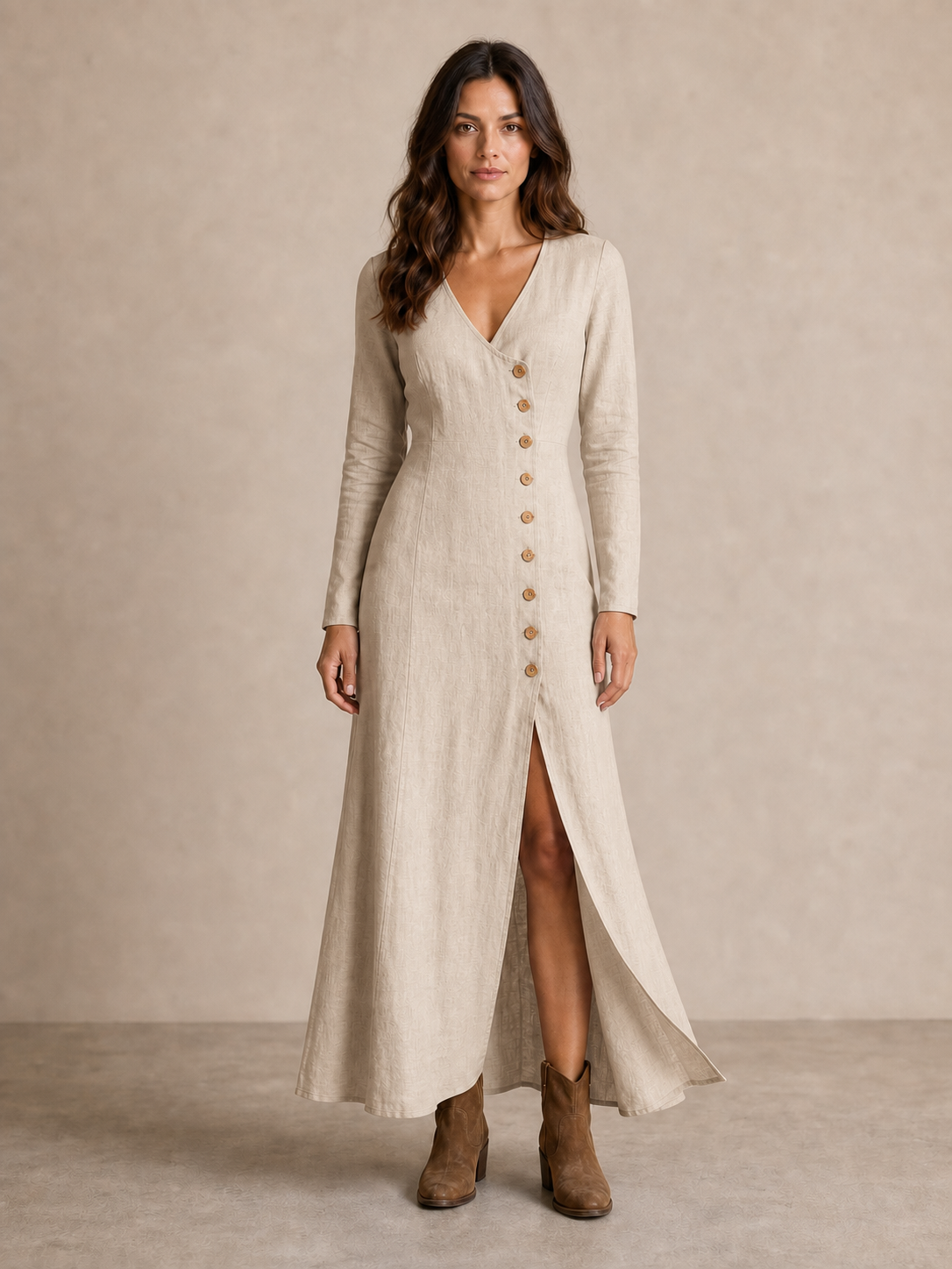 Women's natural beige V-neck button slit maxi dress