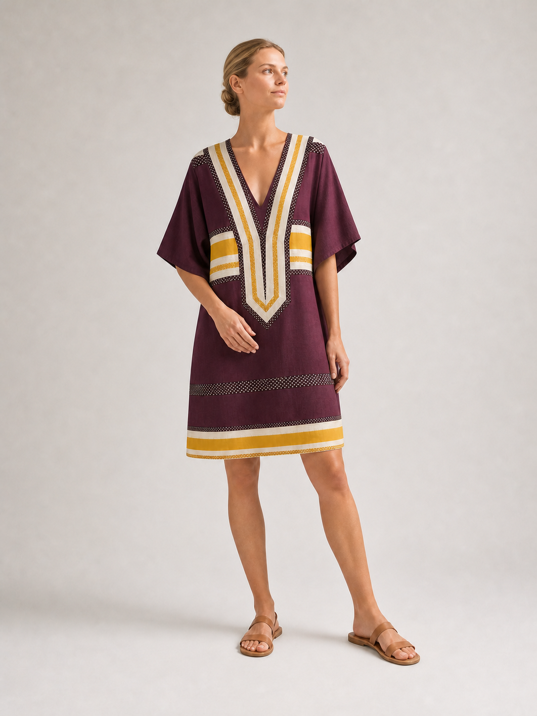 Women's plum and gold geometric kaftan mini dress