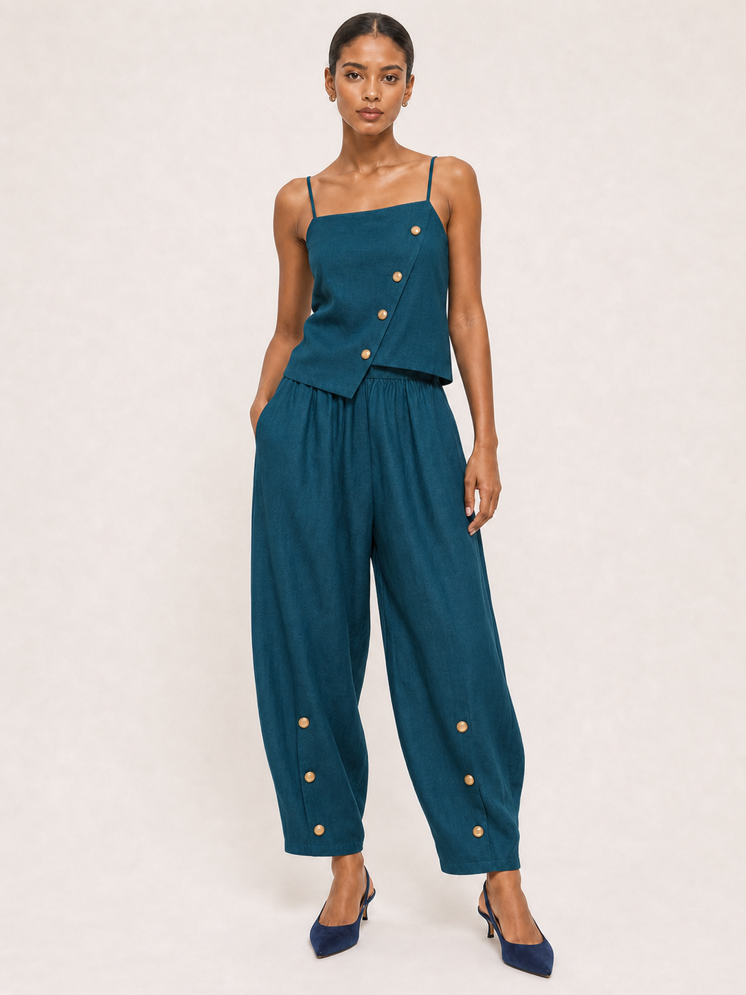 Women's petrol teal asymmetric button two-piece set