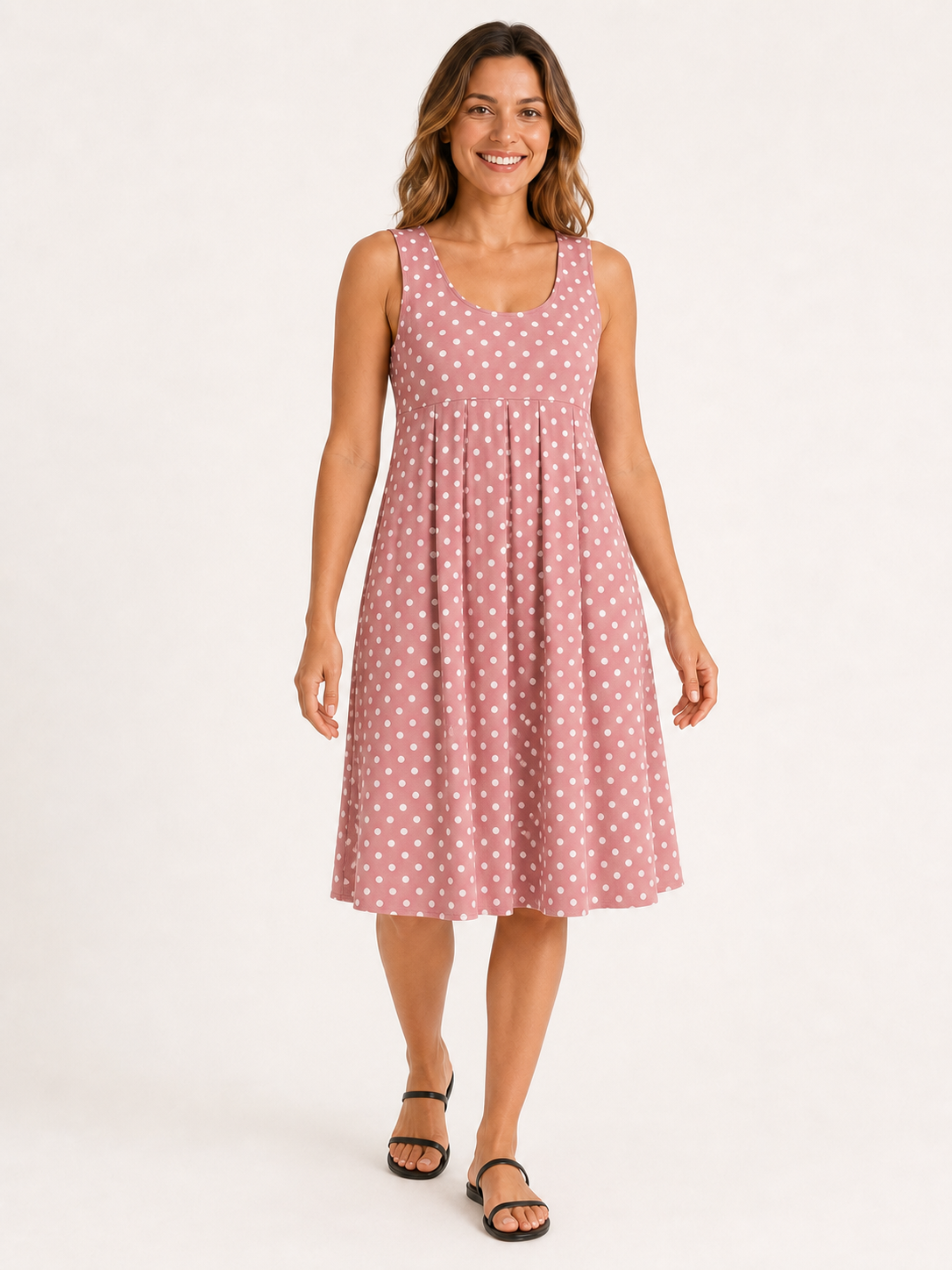 Women's dusty rose and white polka dot empire-waist dress
