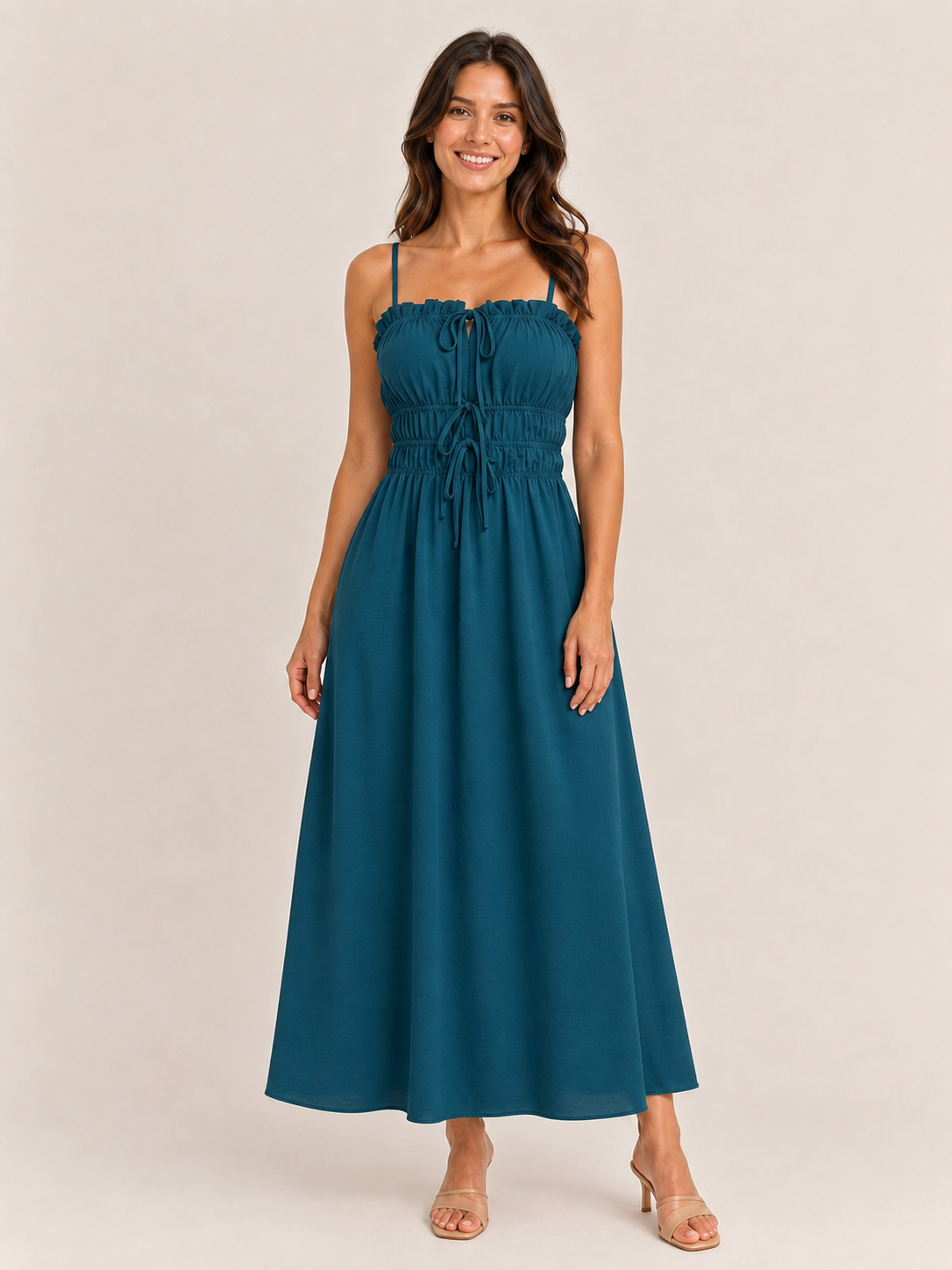 Women's petrol teal ruched drawstring maxi dress