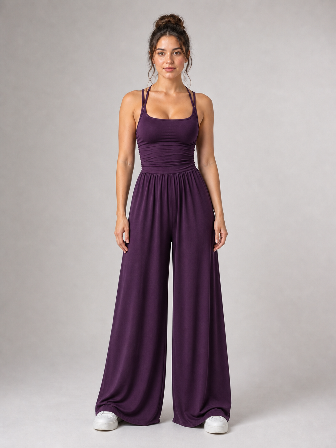 Women's plum purple scoop-neck wide-leg jumpsuit
