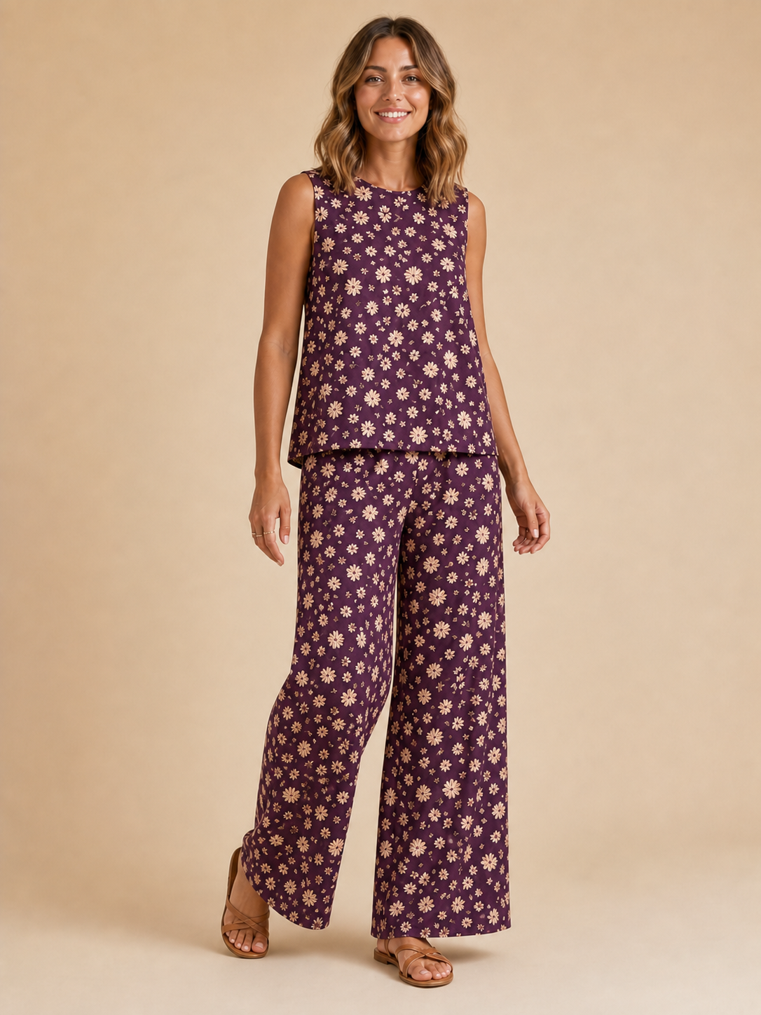 Women's plum daisy wide-leg set