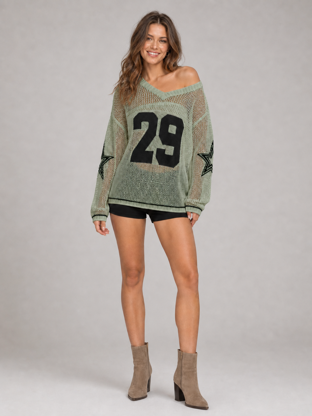 Women's sage green oversized open knit number 29 star sweater