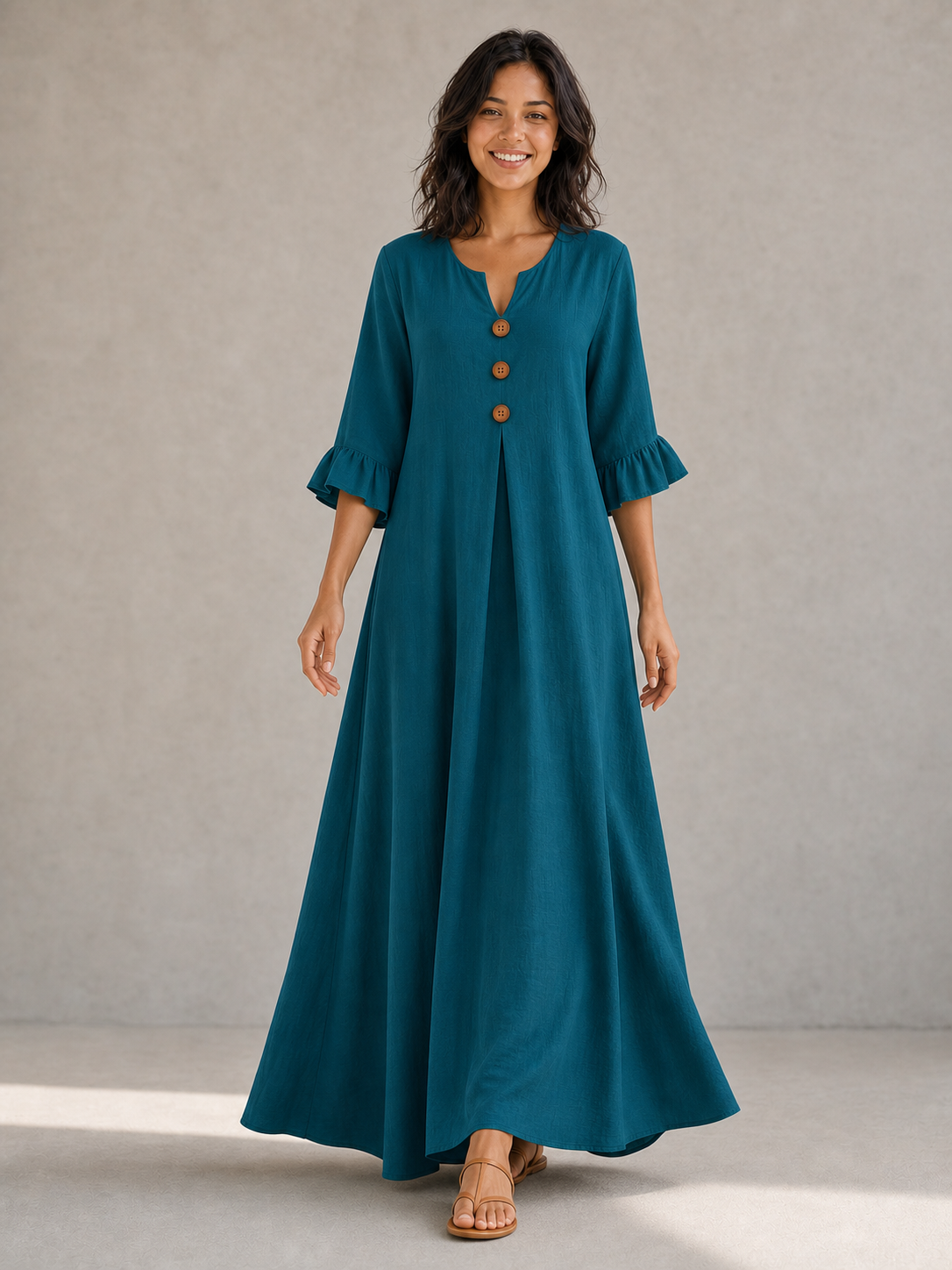 Women's wood-button maxi dress in deep teal