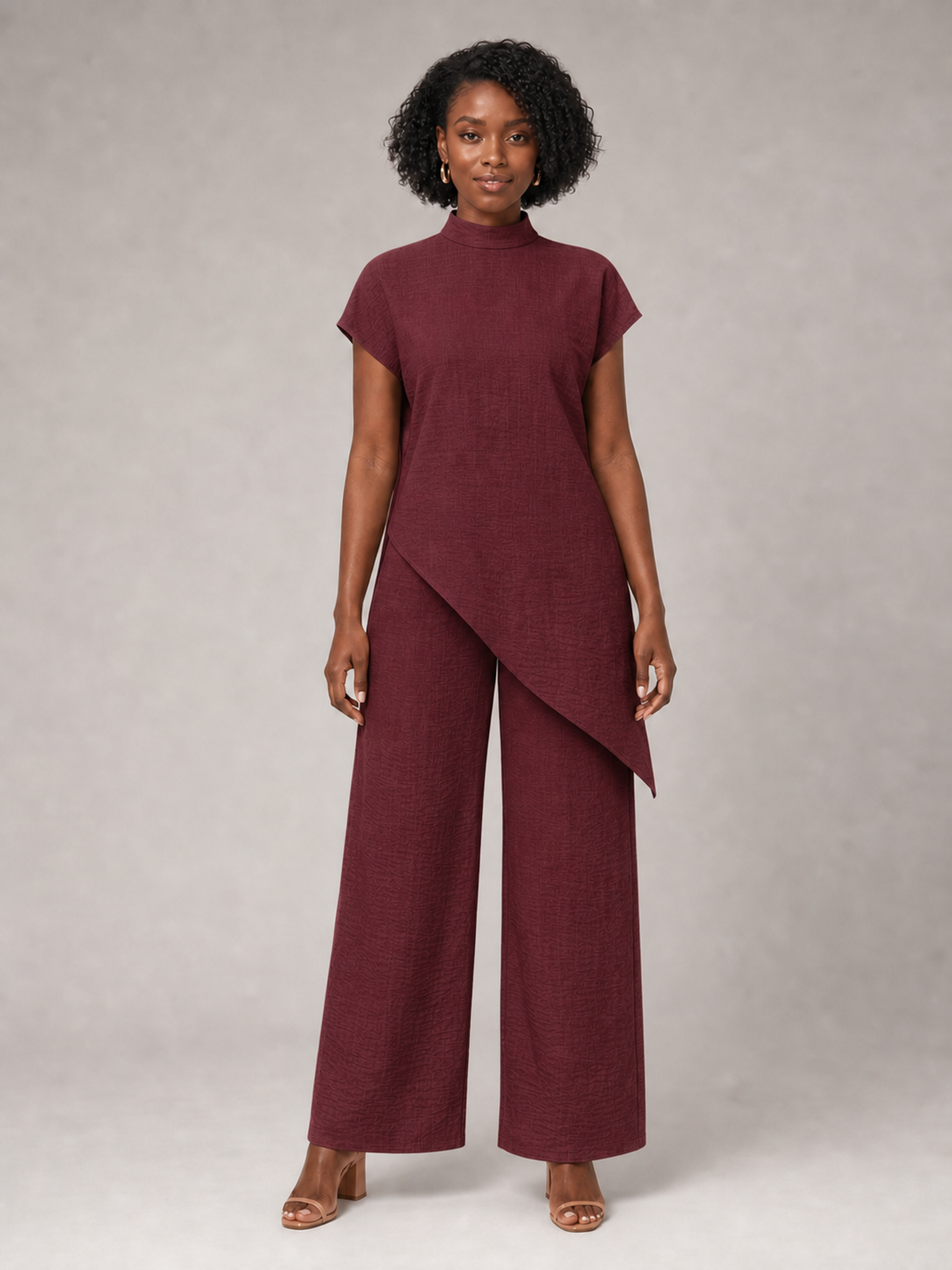 Women's burgundy asymmetric tunic wide-leg pants set