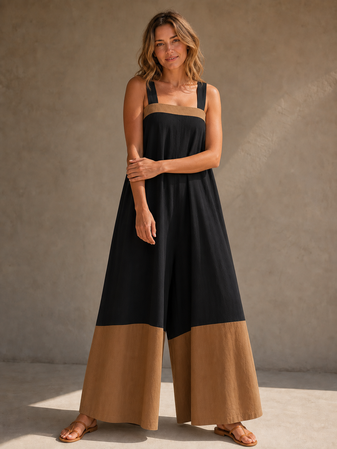 Women's black and tan wide-leg jumpsuit