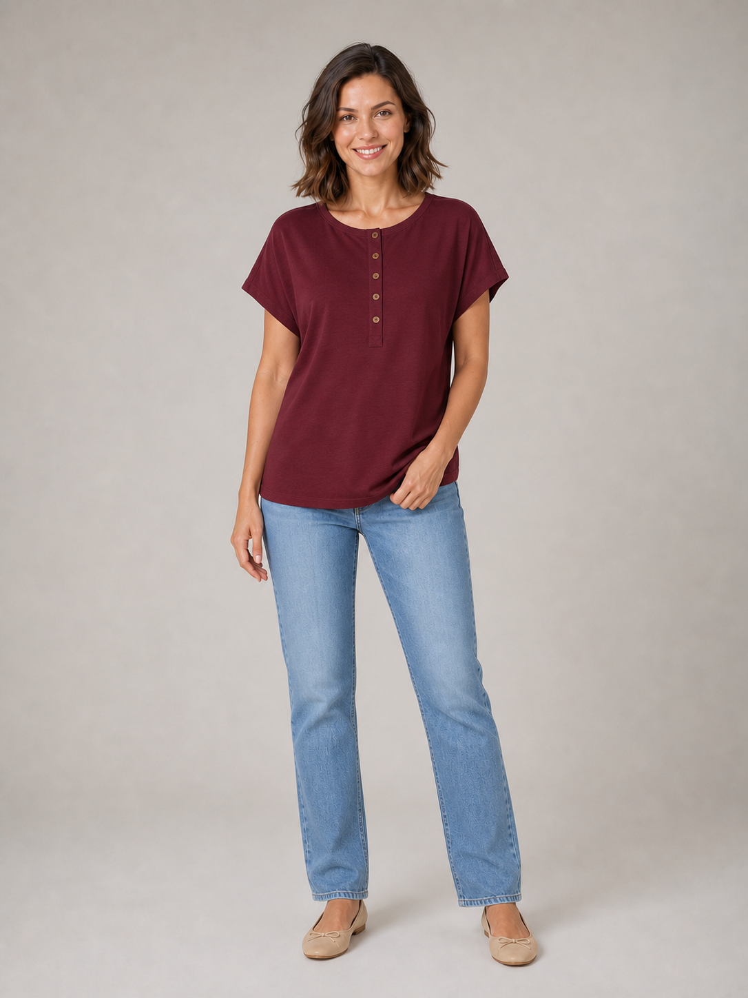 Women's burgundy button Henley dolman top