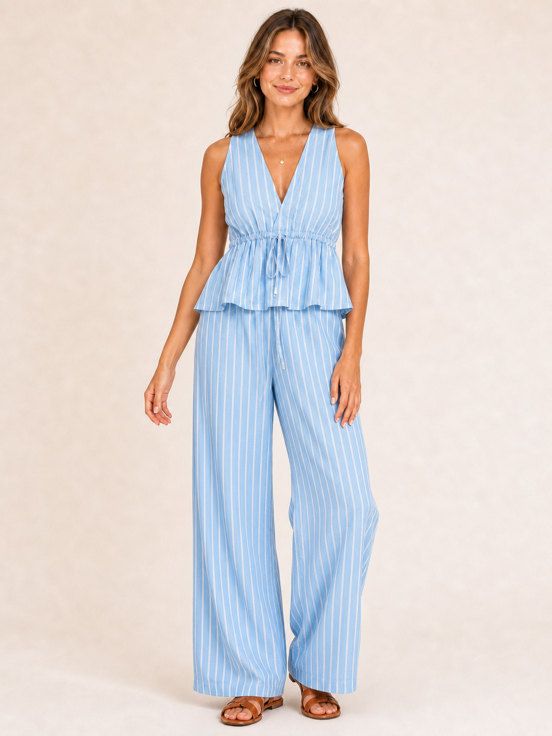 Women's sky blue pinstripe drawstring wide leg pants set