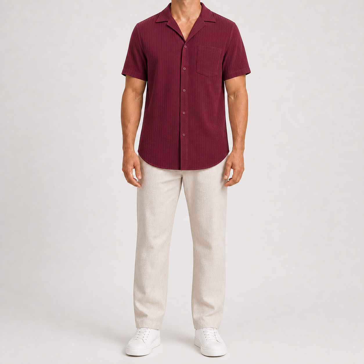 Burgundy men's pleated texture short-sleeve shirt
