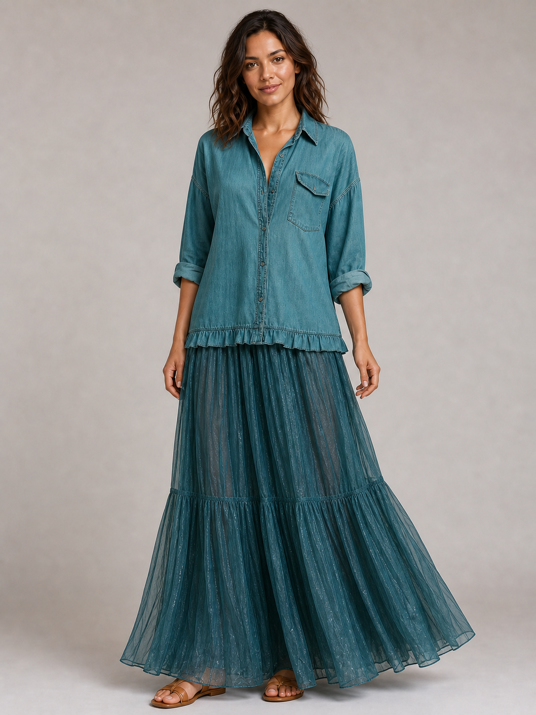 Women's teal ruffle shirt and sheer tiered maxi skirt set