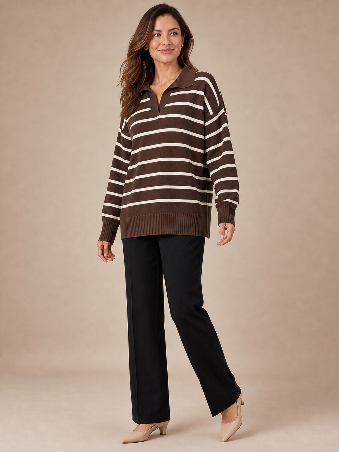 Women's chocolate and cream striped knit top