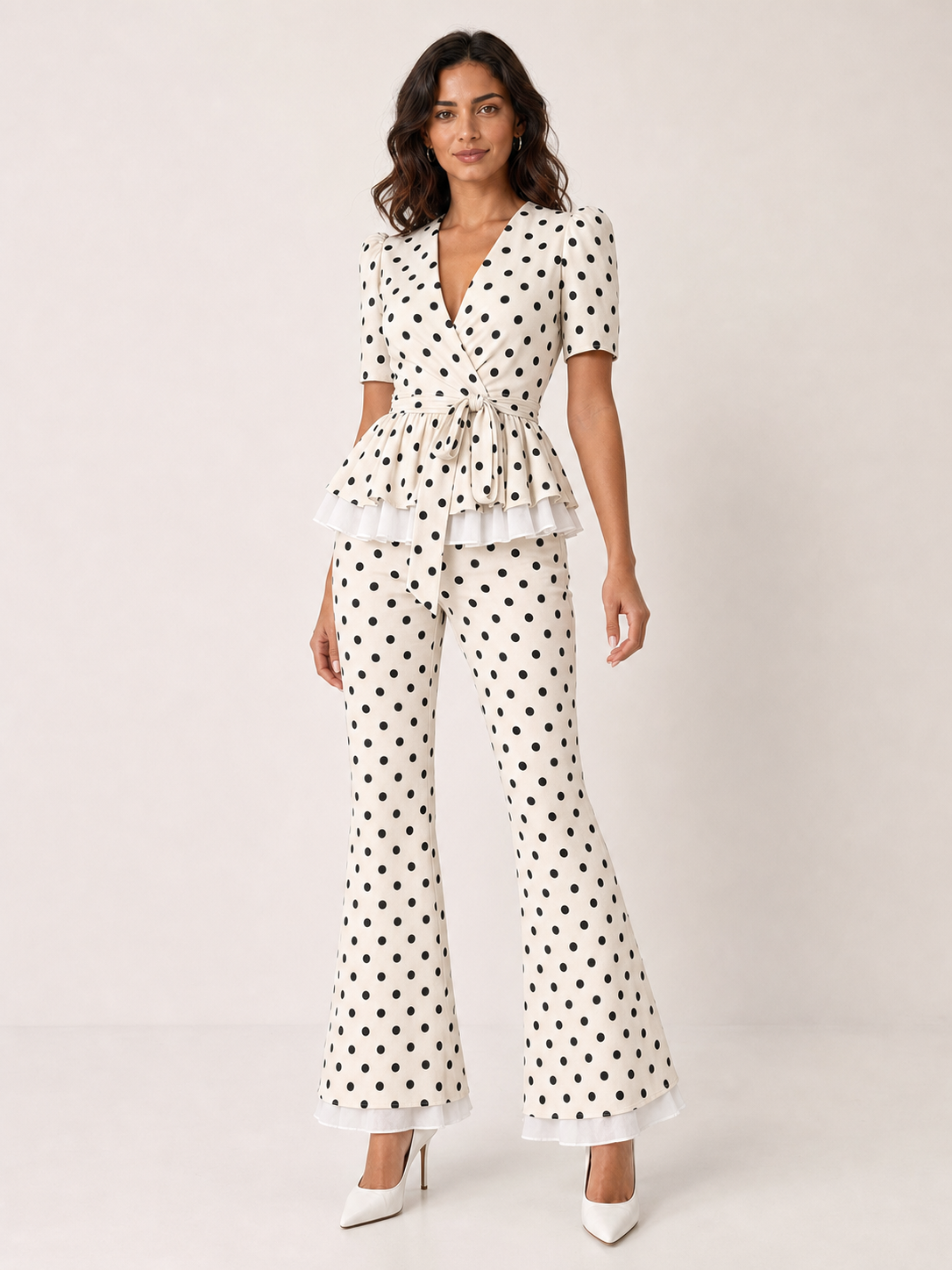 Women's ivory and black polka dot peplum and flare pants set