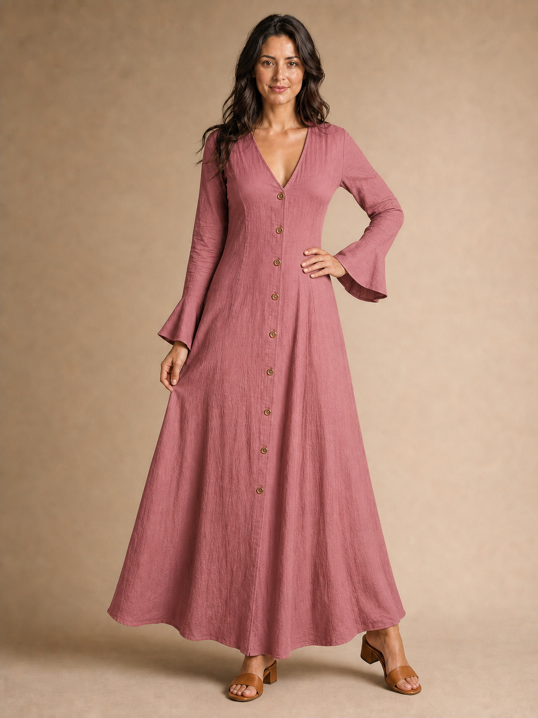 Women's dusty rose V-neck bell-sleeve maxi dress