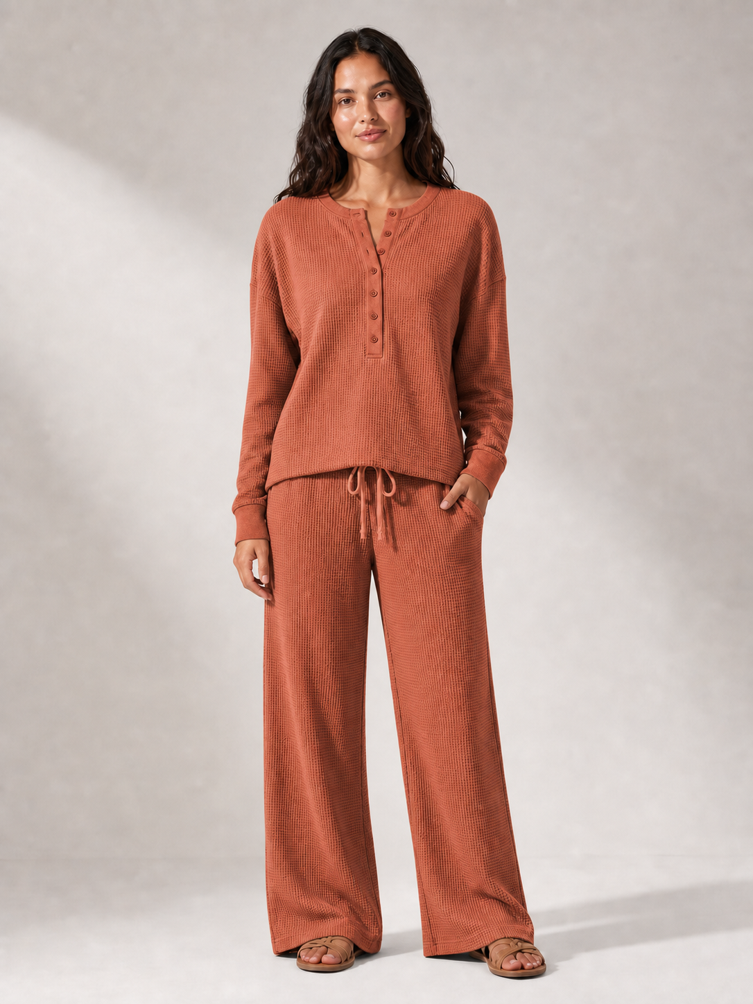 Women's waffle Henley wide-leg lounge set in terracotta