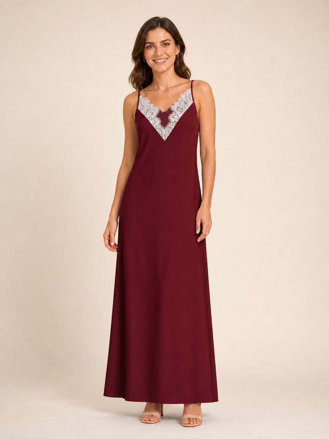 Women's burgundy lace trim slip maxi dress