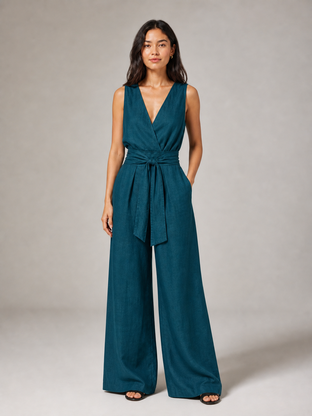 Women's deep teal wrap V-neck wide-leg jumpsuit