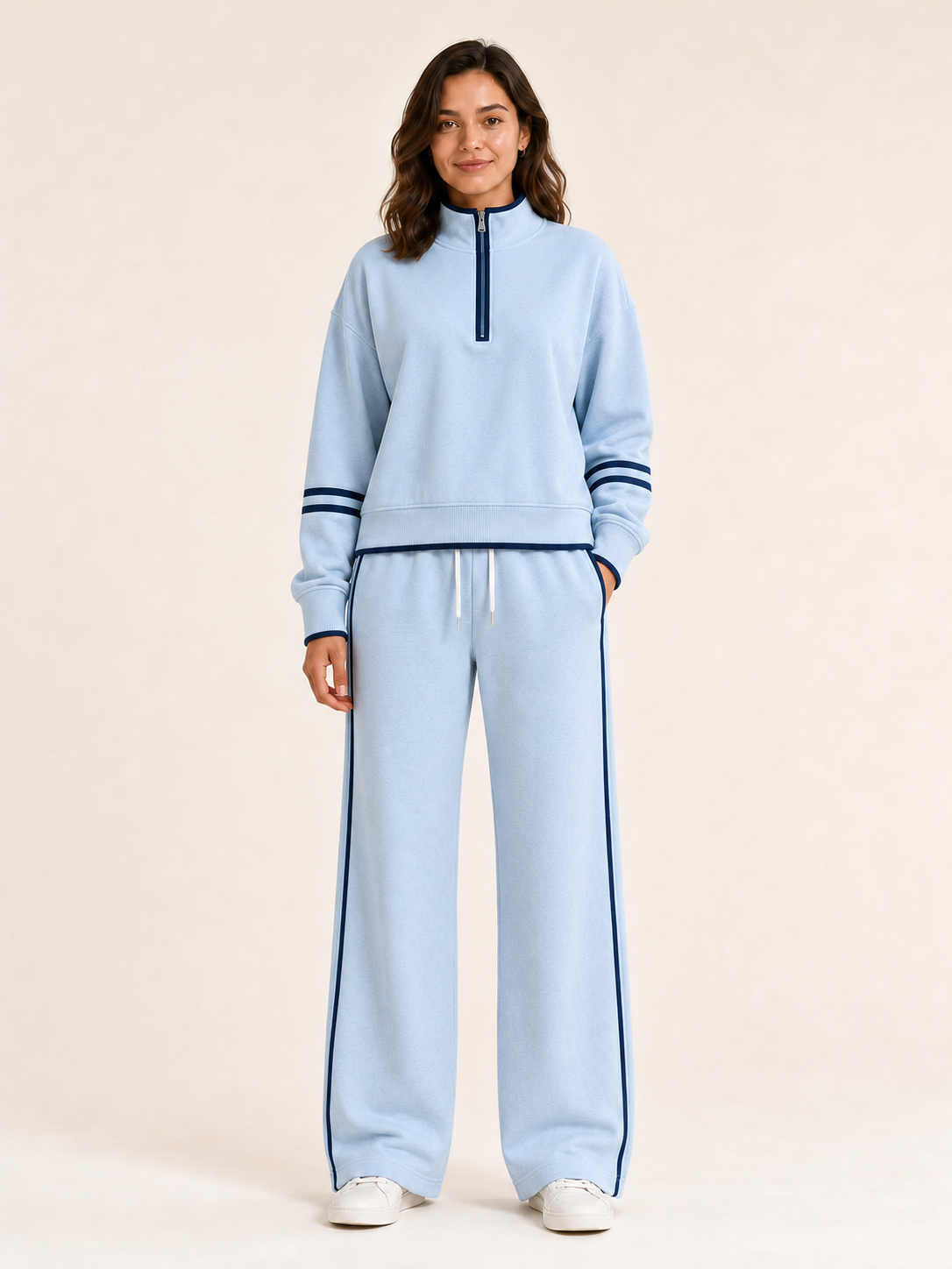 Women's half-zip wide-leg set in powder blue and navy