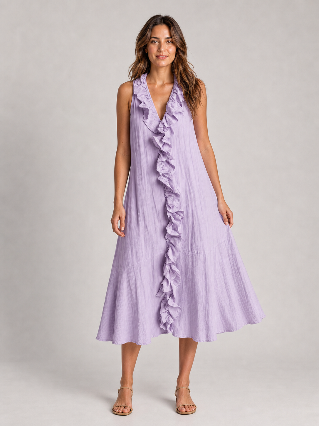 Women's soft lavender cascading ruffle loose midi dress
