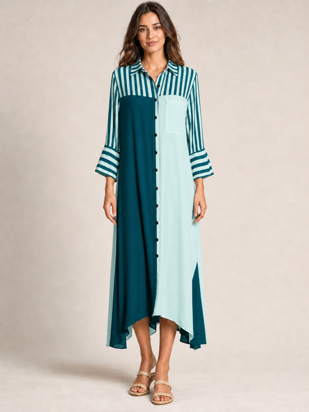 Teal aqua colorblock striped shirt dress