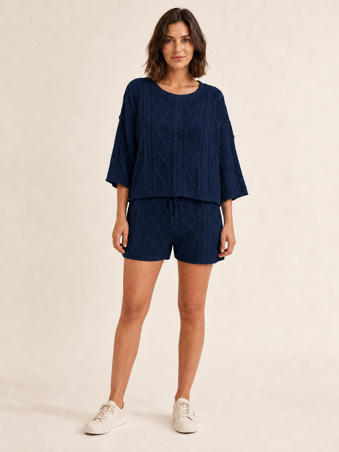 Women's navy openwork cable-knit top and shorts set
