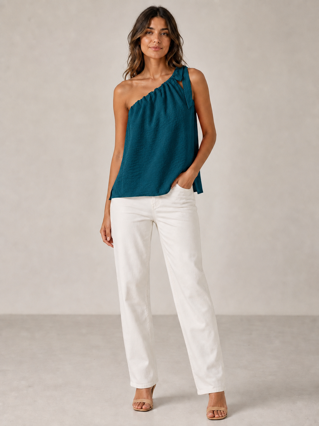 Women's deep teal one-shoulder tie loose top