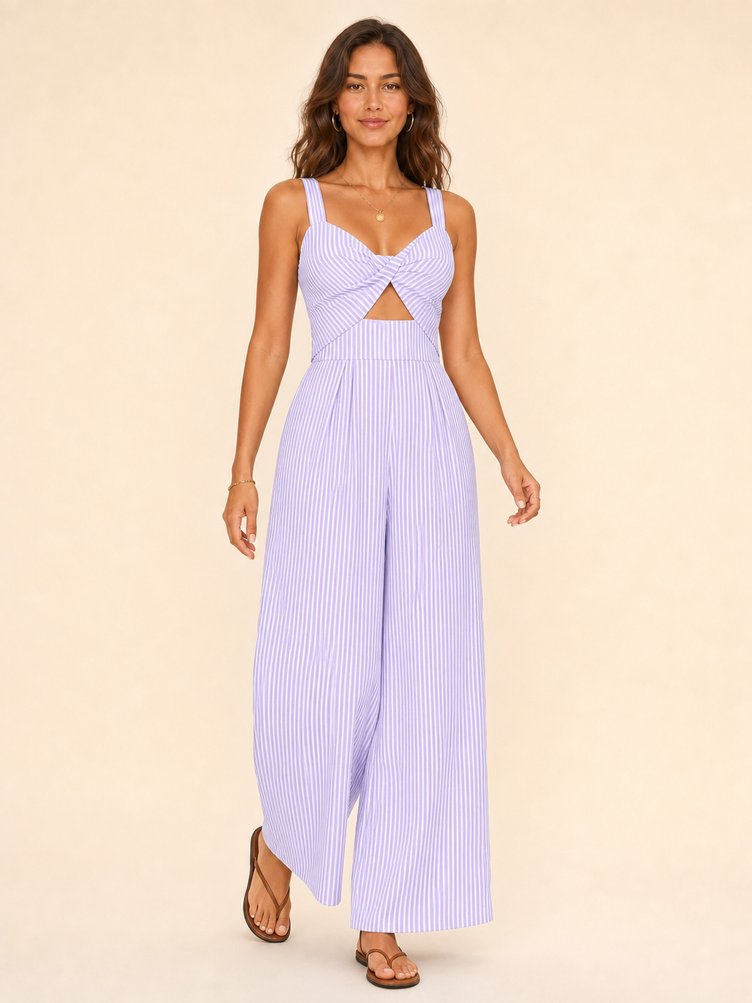Women's lavender and white striped wide-leg jumpsuit