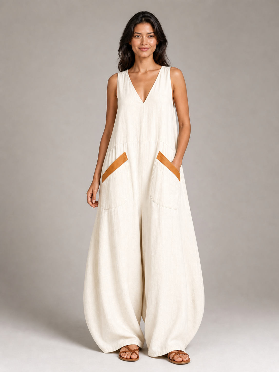 Women's contrast-pocket wide-leg jumpsuit in ivory cream