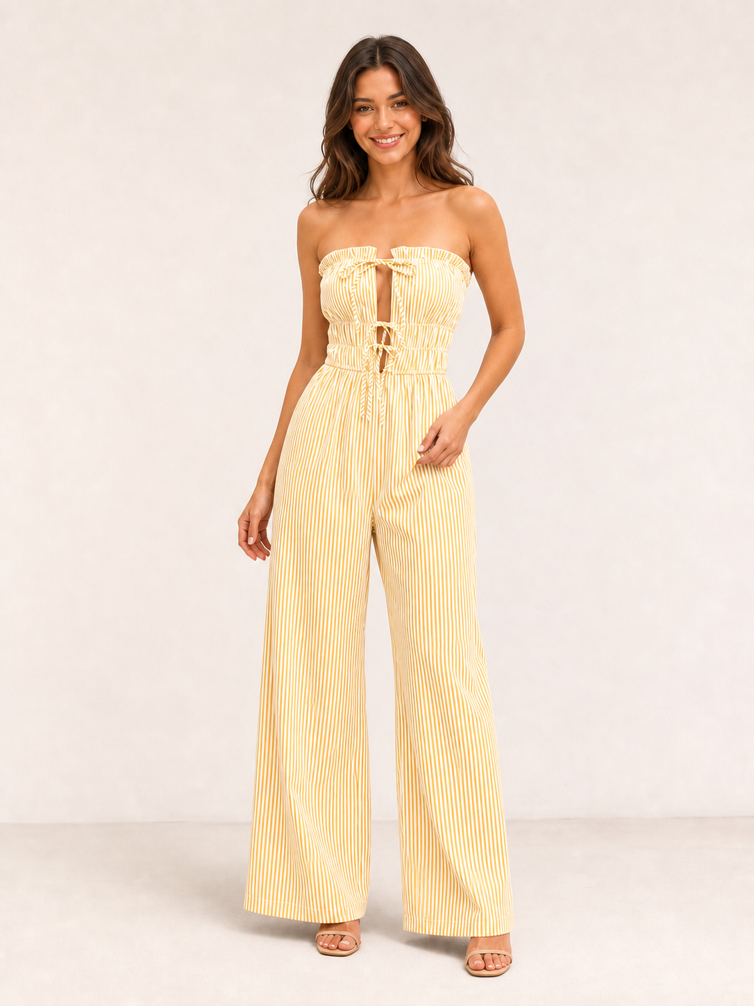 Women's yellow and white striped strapless wide-leg jumpsuit