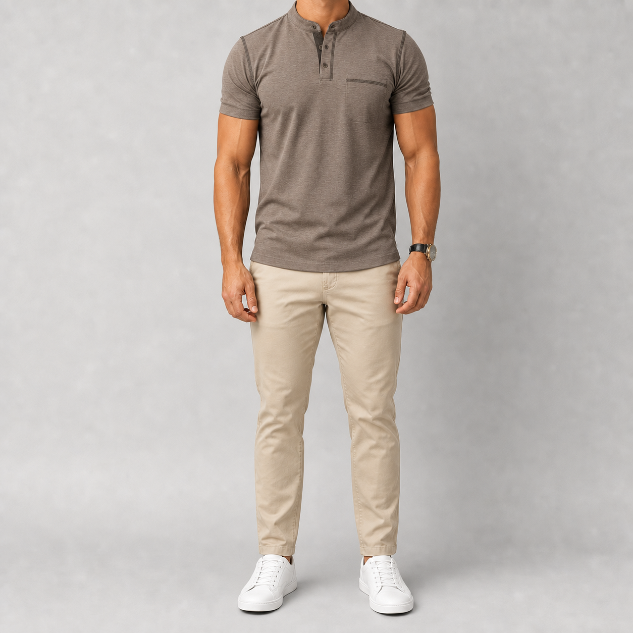 Men's warm taupe short sleeve Henley shirt