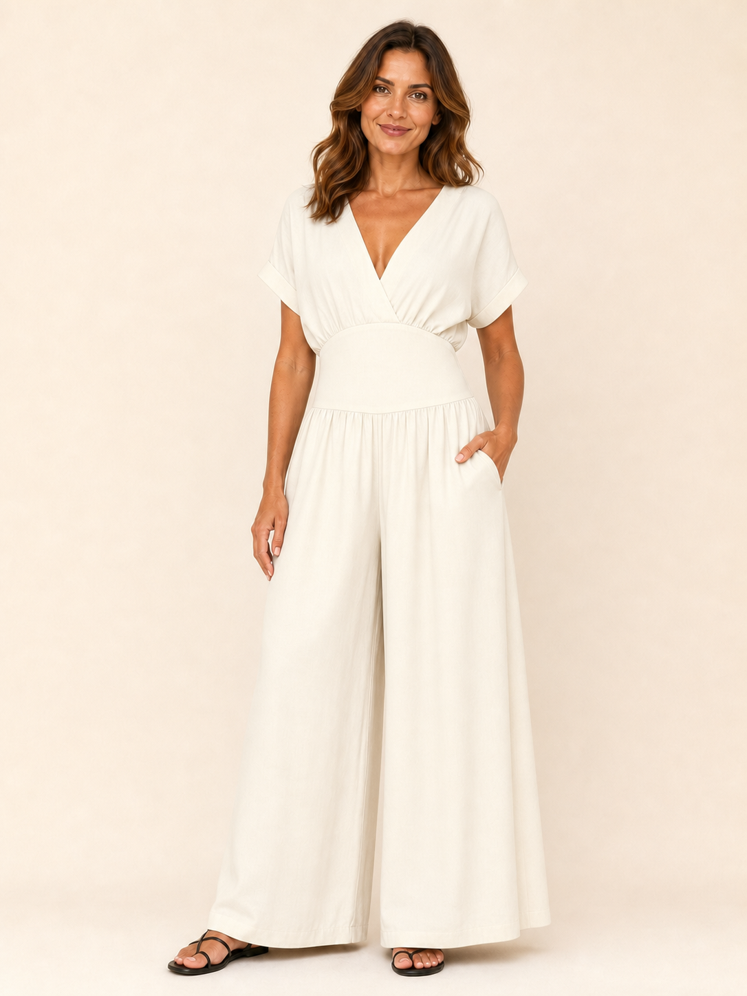 Women's warm ivory surplice wide-leg jumpsuit
