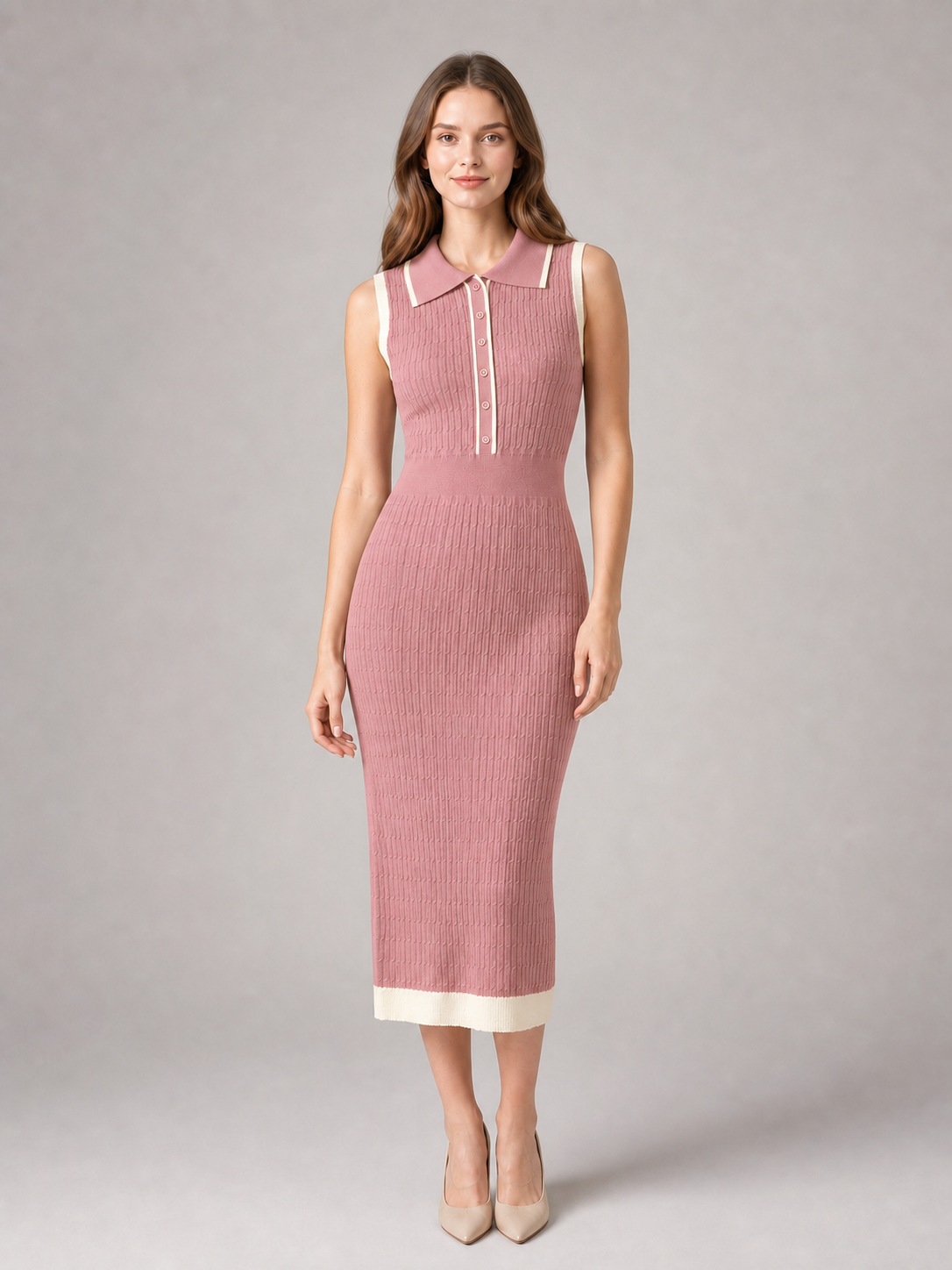 Women's dusty rose and cream sleeveless knit polo midi dress