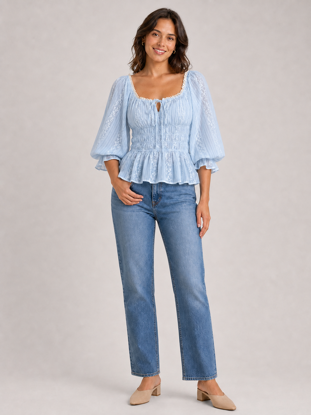Women's powder blue square-neck smocked-waist lace blouse