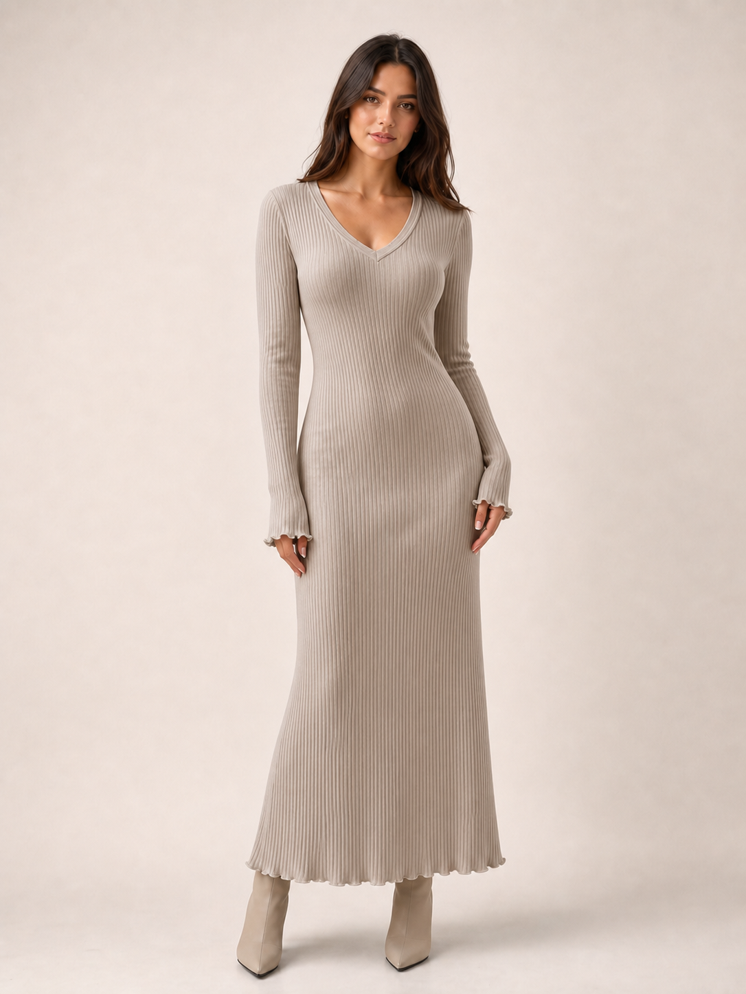 Women's warm taupe ribbed V-neck fitted maxi dress
