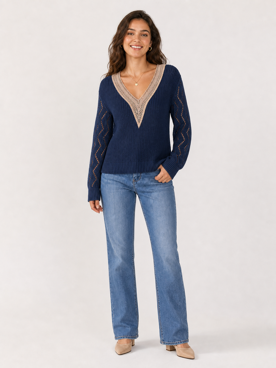 Women's openwork crochet V-neck knit top in deep navy
