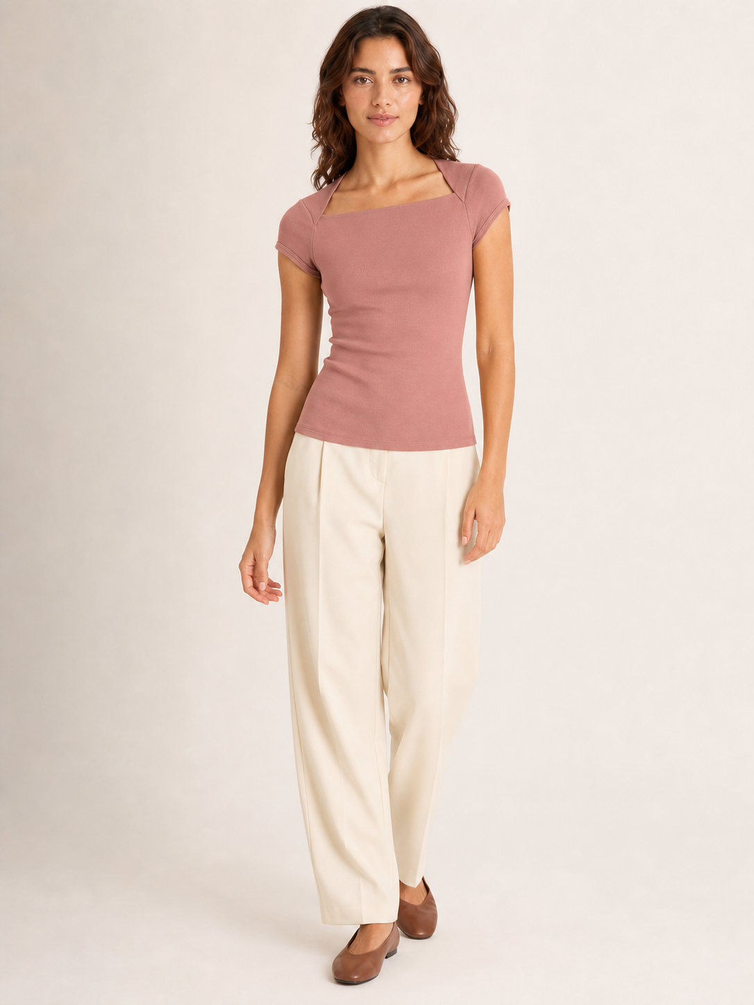 Women's dusty rose square-neck fitted top
