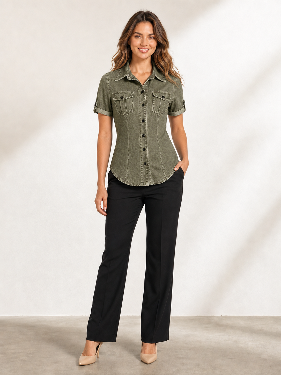Women's olive washed denim fitted short-sleeve shirt